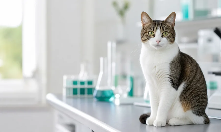 A calm cat sitting in a bright veterinary research environment.